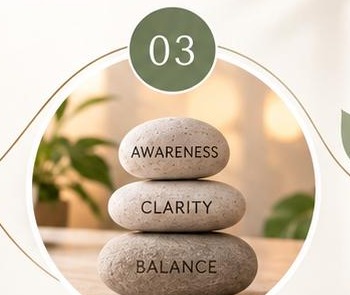 Stacked stones marked awareness, clarity and balance